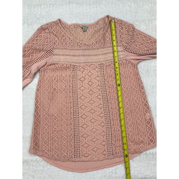 Lucky Brand Medium 3/4 Sleeve Lace Shirt Knit Back Pink Sheer - Picture 7 of 7